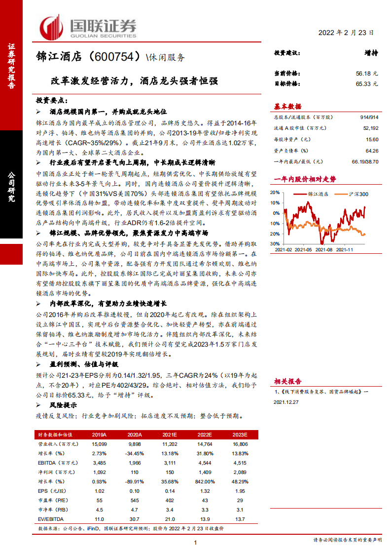 锦江酒店-改革激发经营活力，酒店龙头强者恒强-220223.pdf 第1页