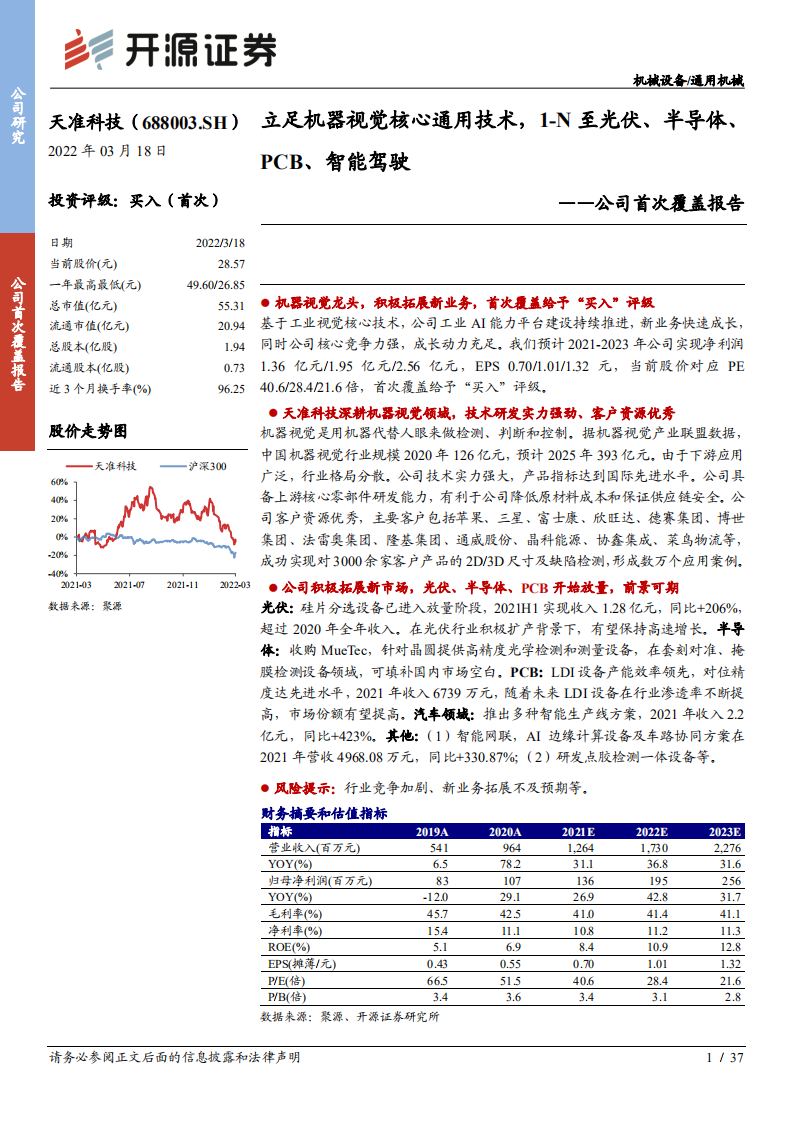天准科技-公司首次覆盖报告：立足机器视觉核心通用技术，1-N至光伏、半导体、PCB、智能驾驶-20220318.pdf 第1页