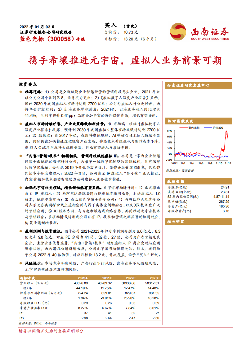 蓝色光标-携手希壤推进元宇宙，虚拟人业务前景可期-220103.pdf 第1页