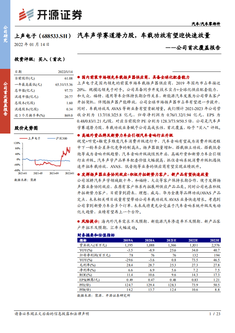 上声电子-公司首次覆盖报告：汽车声学赛道潜力股，车载功放有望迎快速放量-20220114.pdf 第1页