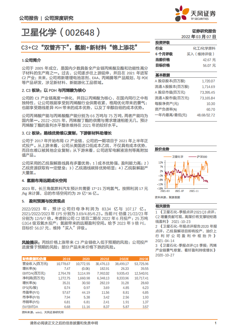 卫星化学-C3+C2&ldquo;双管齐下&rdquo;，氢能+新材料&ldquo;锦上添花&rdquo;-220307.pdf 第1页