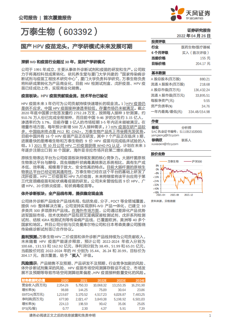 万泰生物-国产HPV疫苗龙头，产学研模式未来发展可期-220426.pdf 第1页