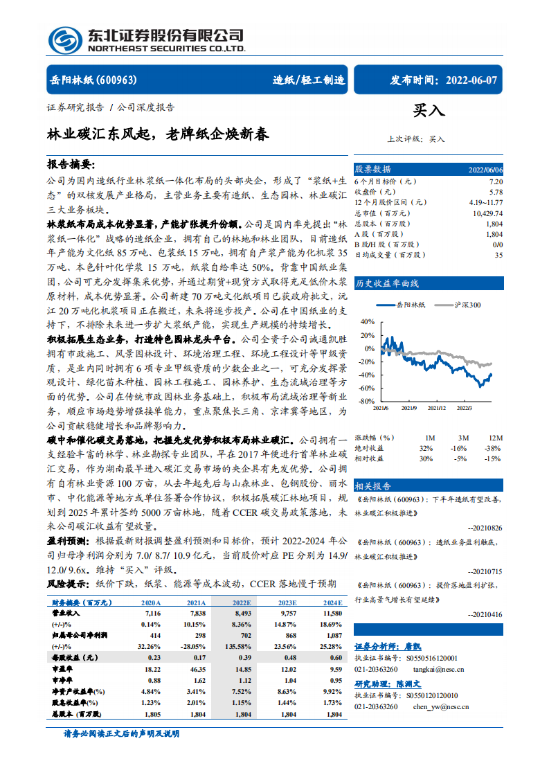 岳阳林纸-林业碳汇东风起，老牌纸企焕新春-220607.pdf 第1页