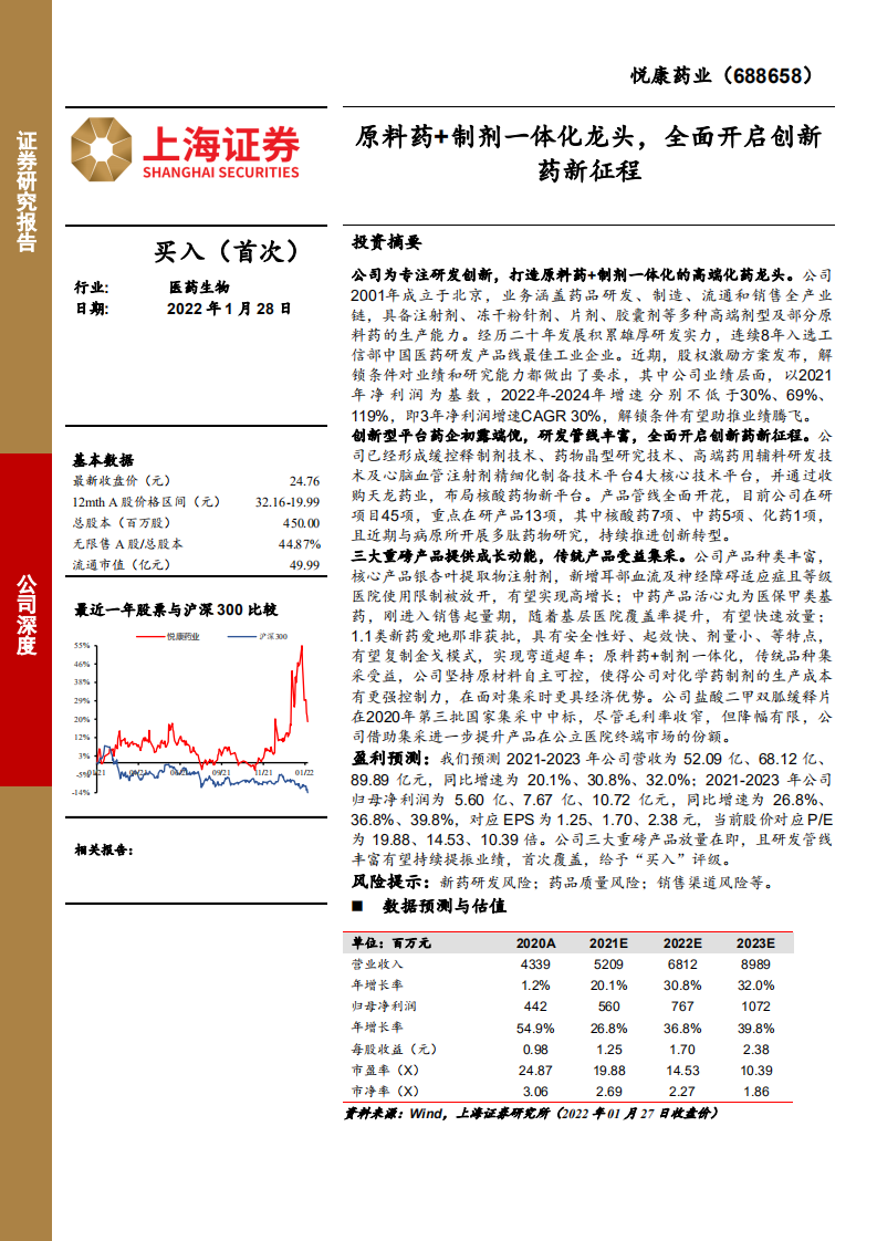 悦康药业-原料药+制剂一体化龙头，全面开启创新药新征程-220128.pdf 第1页