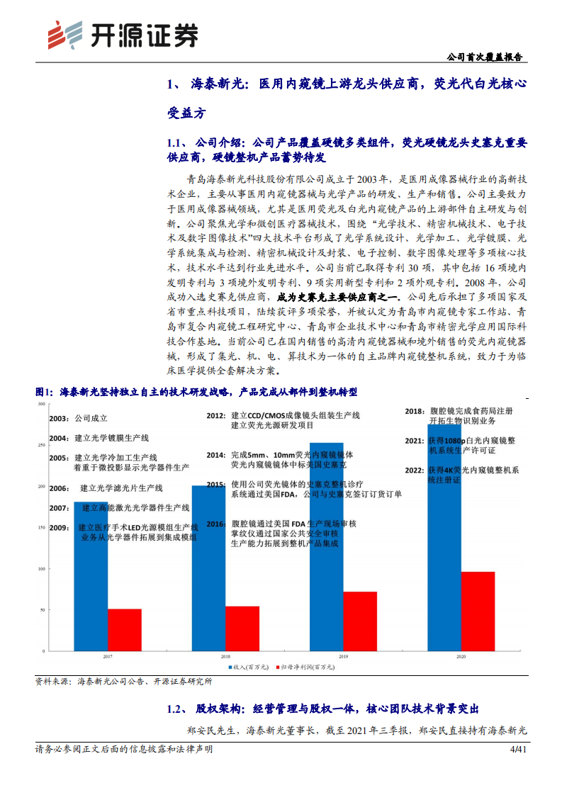 海泰新光-公司首次覆盖报告：医用内窥镜上游龙头供应商，荧光代白光核心受益方-20220330.pdf 第4页