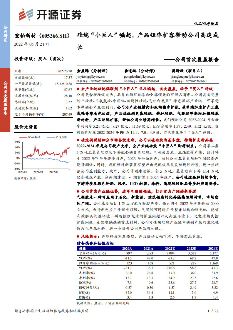 宏柏新材-公司首次覆盖报告：硅烷&ldquo;小巨人&rdquo;崛起，产品矩阵扩容带动公司高速成长-220521.pdf 第1页