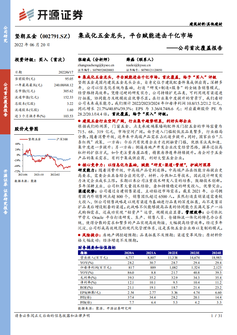 坚朗五金-公司首次覆盖报告：集成化五金龙头，平台赋能进击千亿市场-220620.pdf 第1页