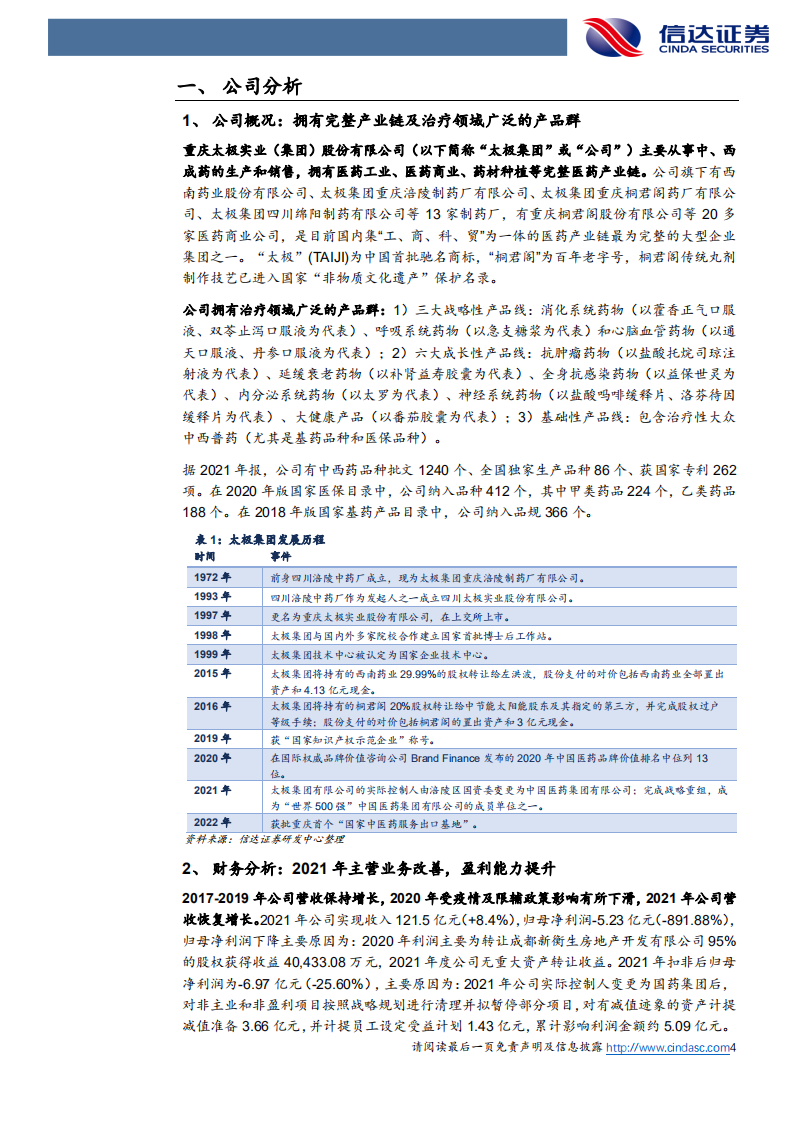 太极集团-公司首次覆盖报告：国药入主深化改革，主品战略推动业绩增长-220614.pdf 第4页