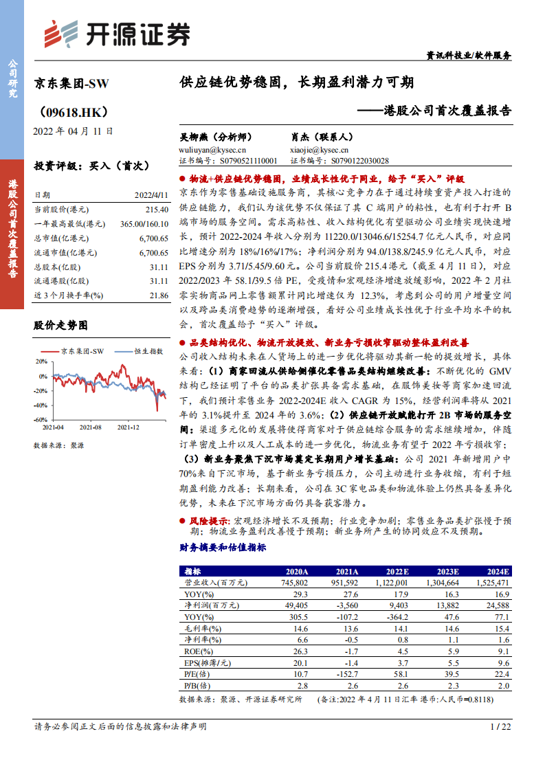 京东集团-港股公司首次覆盖报告：供应链优势稳固，长期盈利潜力可期-20220411.pdf 第1页