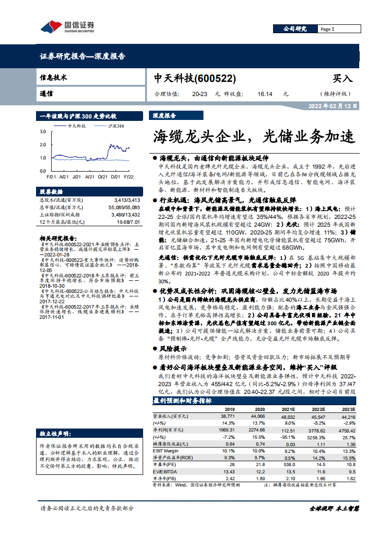 中天科技-海缆龙头企业，光储业务加速-220212.pdf 第1页