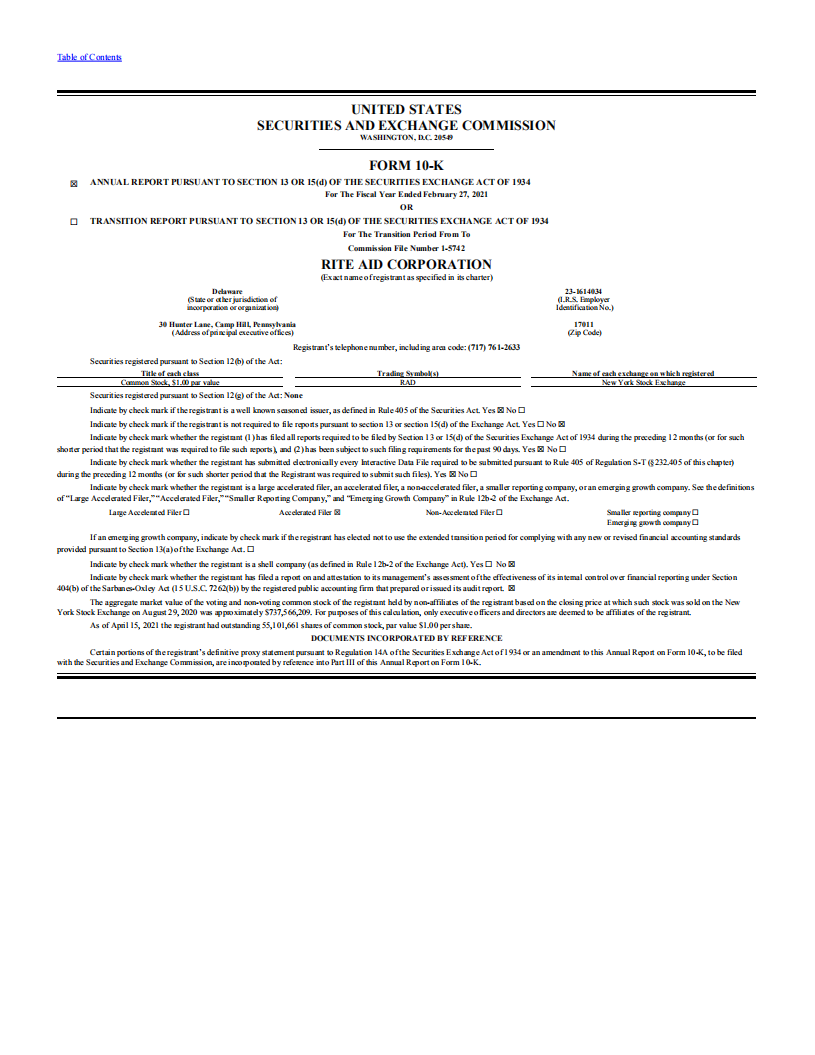 来德爱（RITE AID）2021财年年度报告（英文版）.pdf 第1页