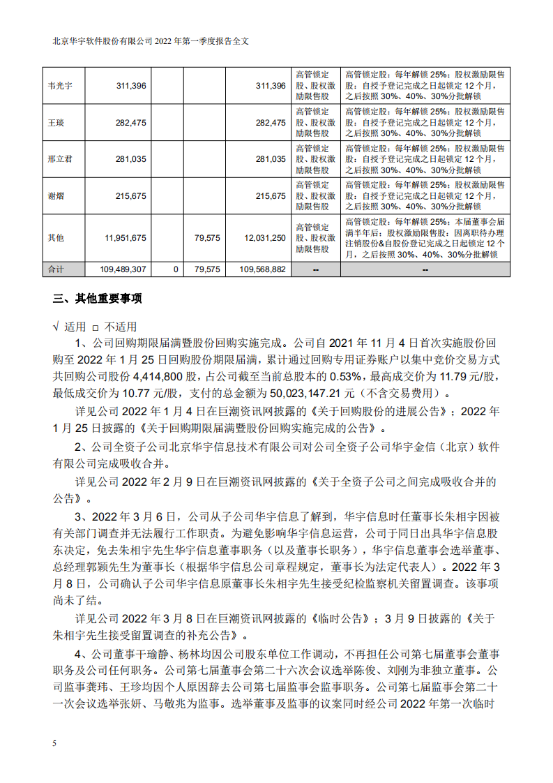 北京华宇软件股份有限公司2022年一季度报告.PDF 第5页