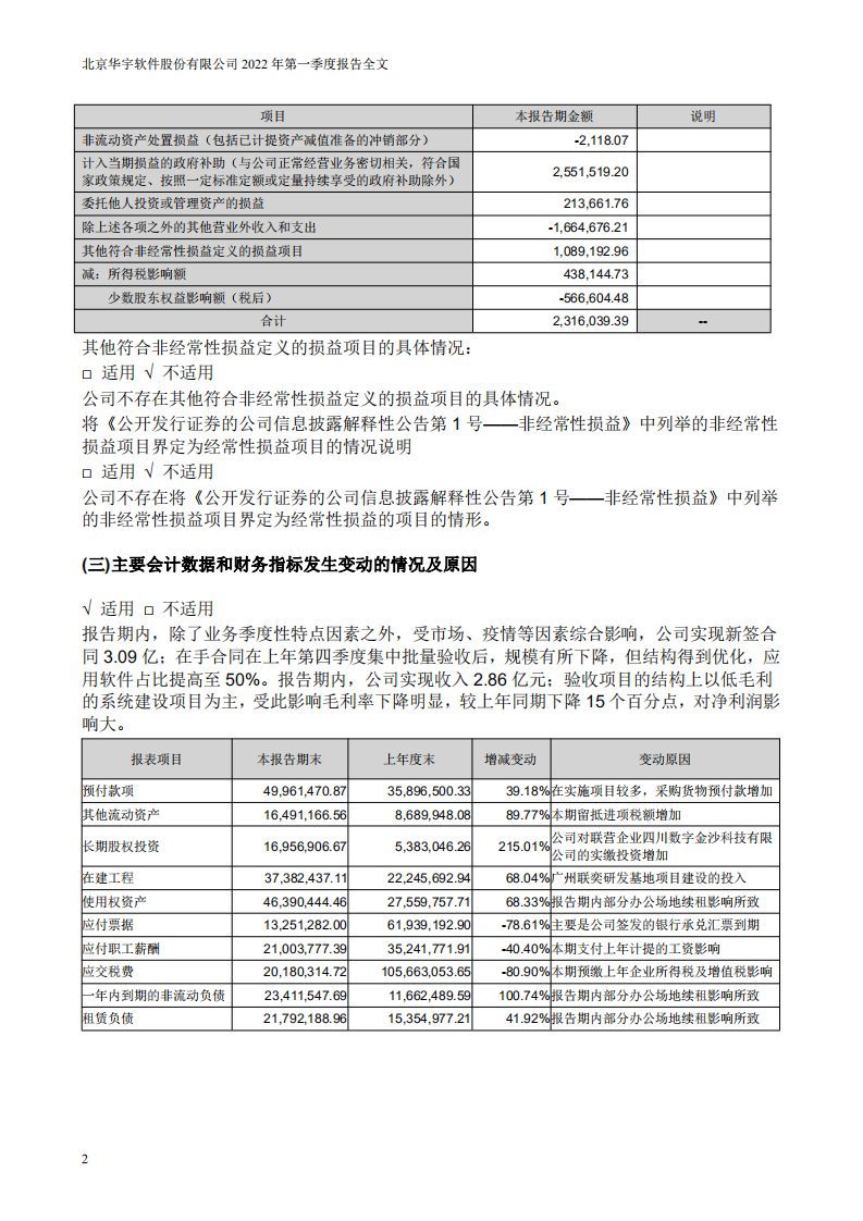 北京华宇软件股份有限公司2022年一季度报告.PDF 第2页