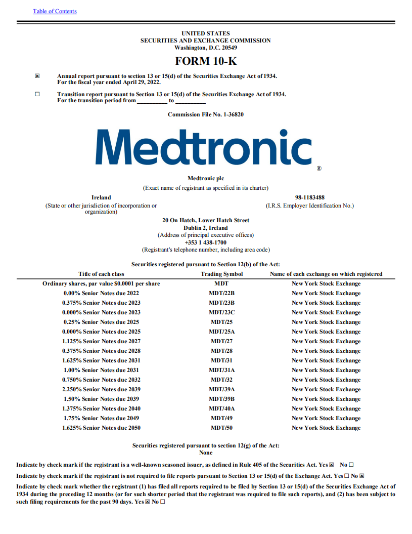 美敦力公司（MEDTRONIC）2022财年年度报告（英文版）.pdf 第1页