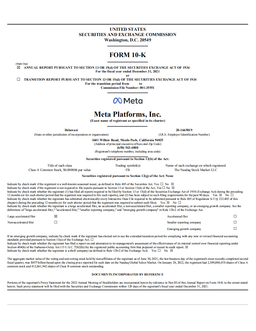 Facebook公司（FACEBOOK）2021年年度报告（英文版）.pdf 第1页