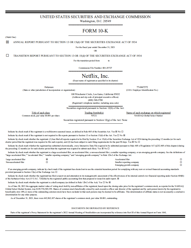 Netflix公司（NETFLIX）2021年年度报告（英文版）.pdf 第1页