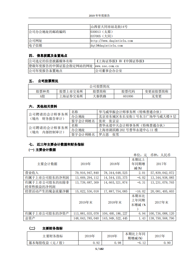 大秦铁路股份有限公司2019年年度报告.pdf 第5页