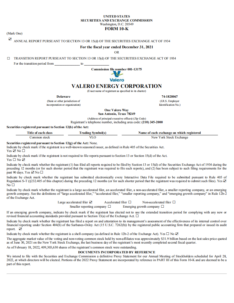 瓦莱罗能源公司（VALERO ENERGY）2021年年度报告（英文版）.pdf 第1页