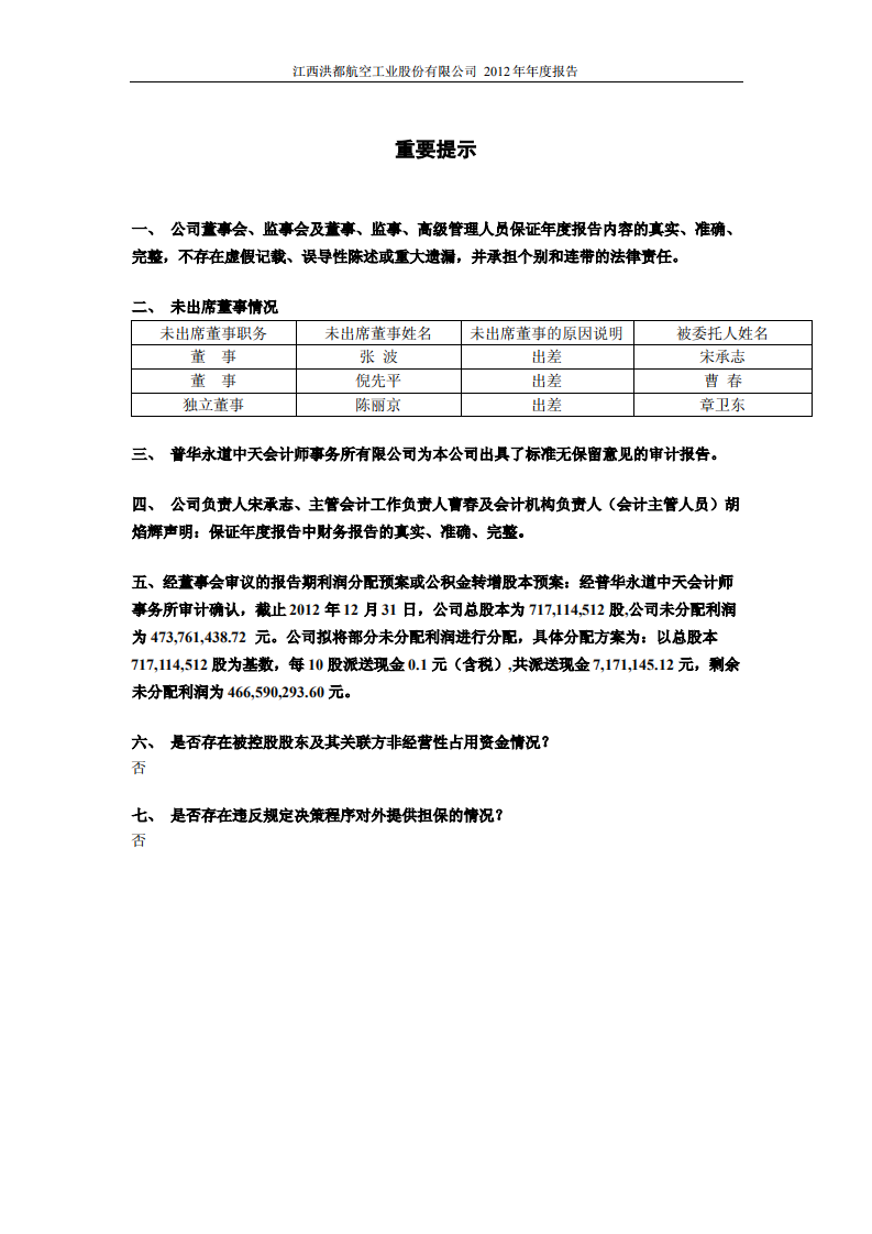 江西洪都航空工业股份有限公司2012年年度报告.PDF 第2页
