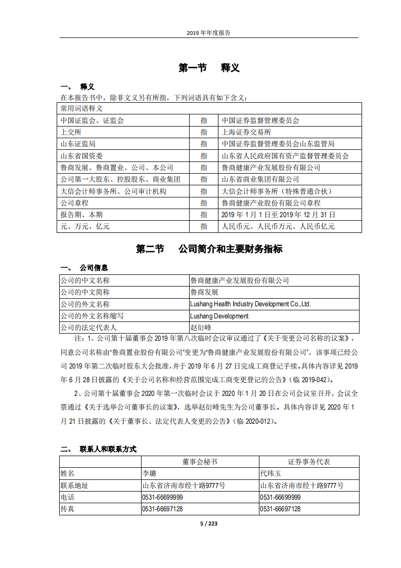 鲁商健康产业发展股份有限公司2019年年度报告.PDF 第5页