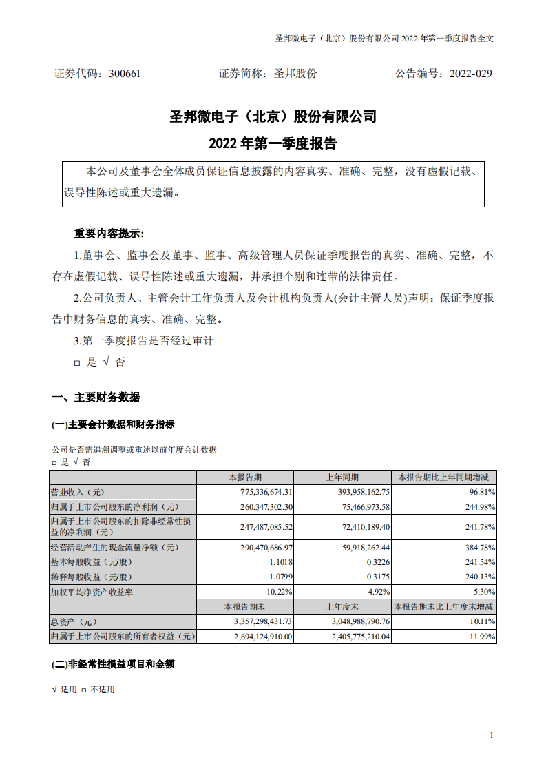圣邦微电子（北京）股份有限公司2022年一季度报告.PDF 第1页