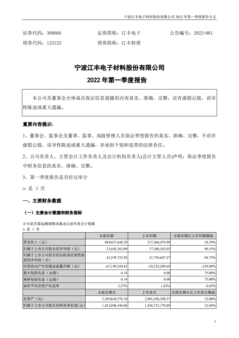 宁波江丰电子材料股份有限公司2022年一季度报告.PDF 第1页