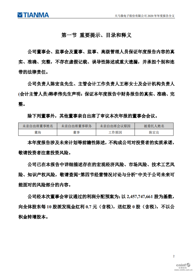 天马微电子股份有限公司2020年年度报告.PDF 第2页