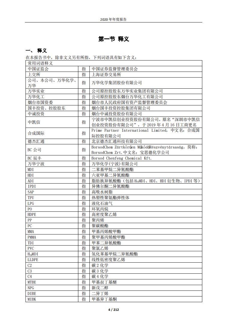万华化学集团股份有限公司2020年度报告.PDF 第4页