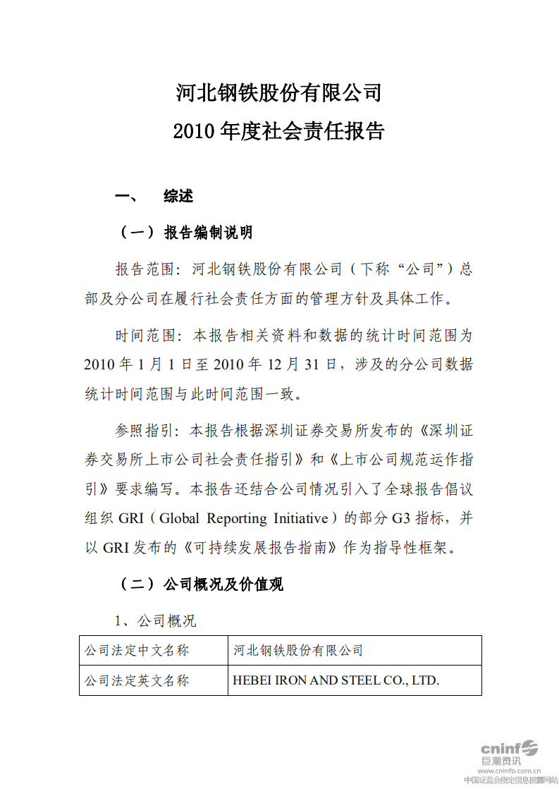 河北钢铁股份有限公司2010年度社会责任报告.PDF 第1页