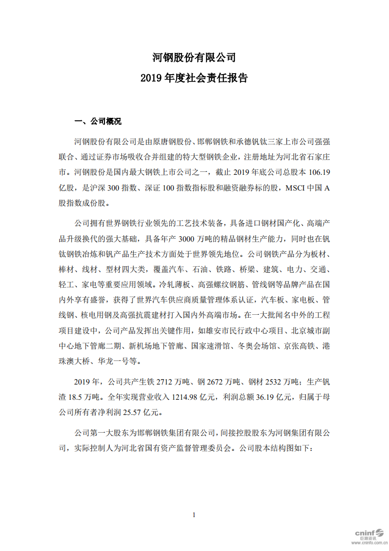 河钢股份有限公司2019年度社会责任报告.PDF 第1页