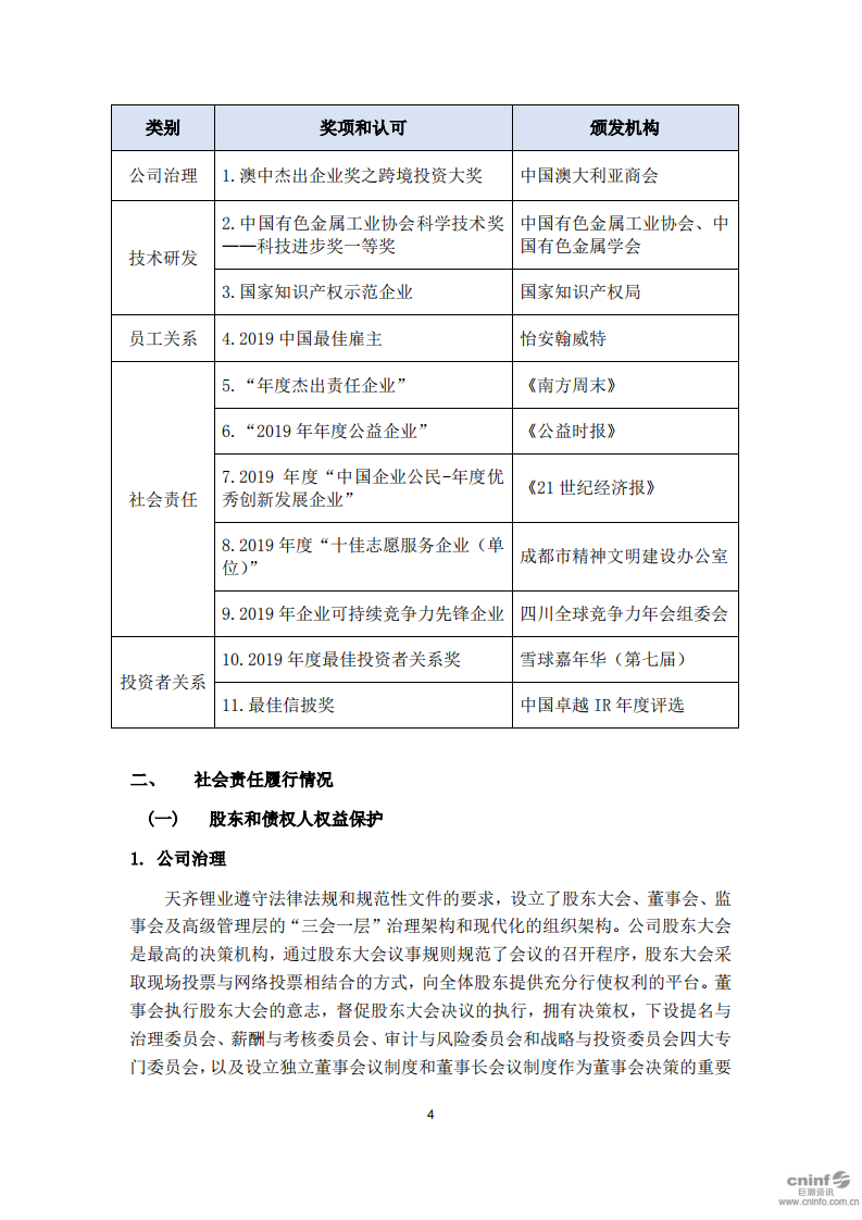天齐锂业股份有限公司2019年度社会责任报告.PDF 第4页