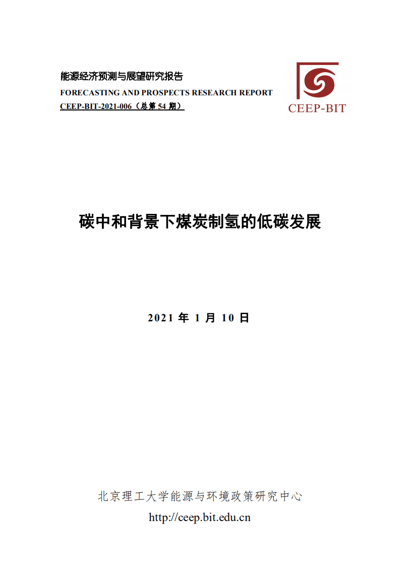 2021年能源经济预测与展望研究报告：碳中和背景下煤炭制氢的低碳发展-北京理工大学能源与环境政策研究中心.pdf 第1页