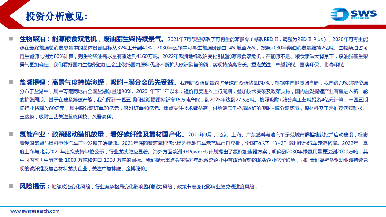 2022环保氢能行业中期策略：生物柴油与盐湖锂膜高景气，氢能源示范应用进展迅速-申万宏源.pdf 第2页