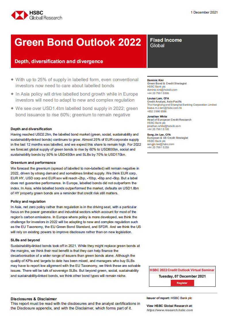 2022年绿色债券展望：深度、多样化和发散性（英）-HSBC.pdf 第1页
