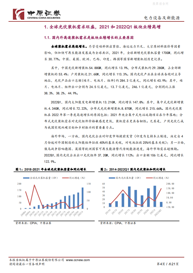 光伏行业2021年报和2022年1季报总结：市场需求旺盛，业绩加速增长-中原证券.pdf 第4页