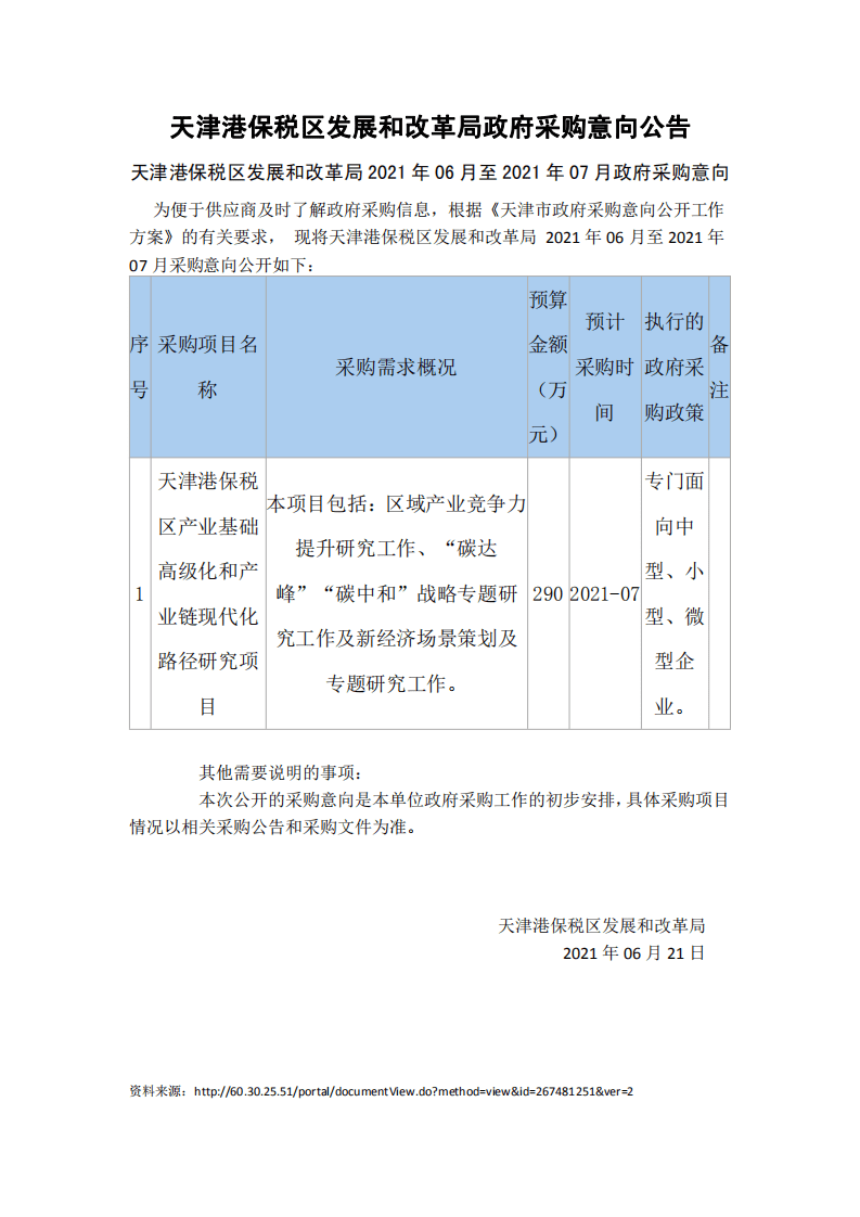 天津港保税区发展和改革局2021年06月至2021年07月政府采购意向.pdf 第1页