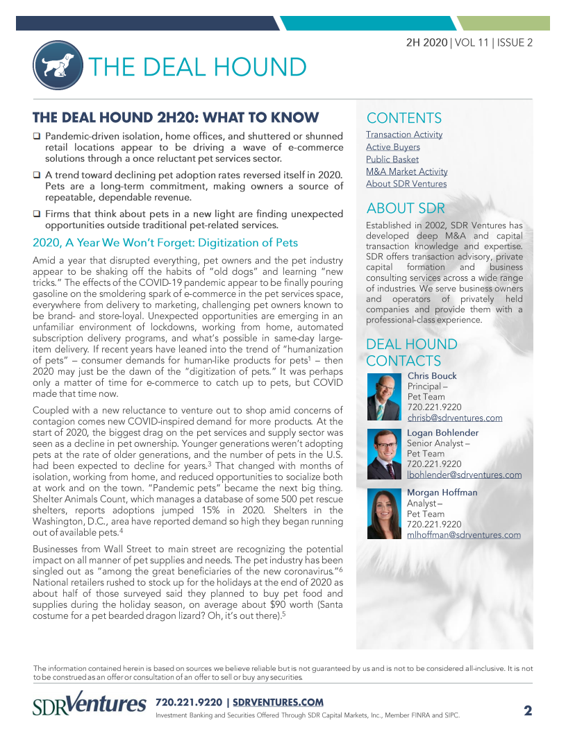 SDR Ventures：2020年下半年宠物行业报告-并购活动、资本市场状况及当前趋势分析（英文版）.pdf 第2页