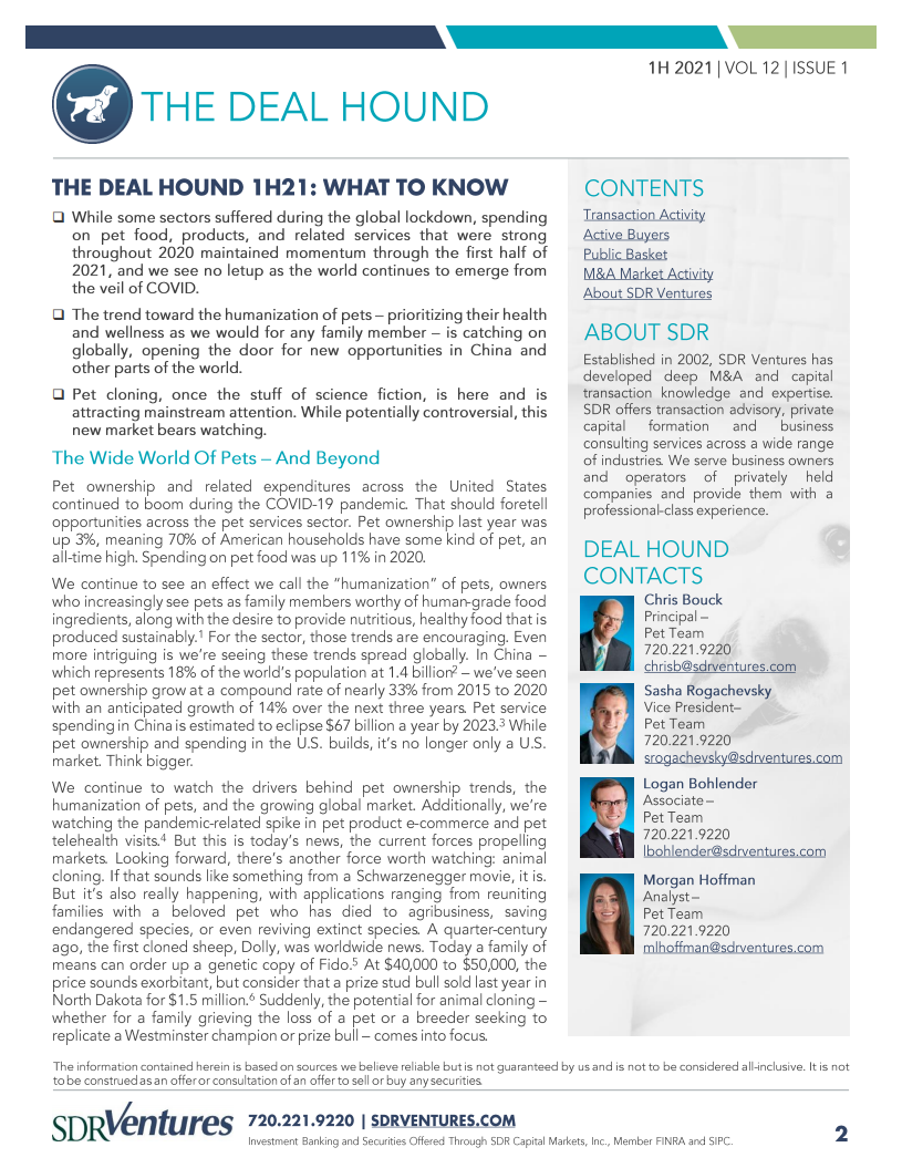 SDR Ventures：2021年上半年宠物行业报告-并购活动、资本市场状况及当前趋势分析（英文版）.pdf 第2页