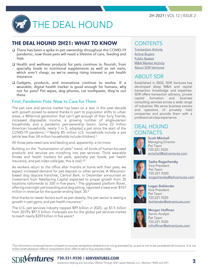 SDR Ventures：2021年下半年宠物行业报告-并购活动、资本市场状况及当前趋势分析（英文版）.pdf 第2页