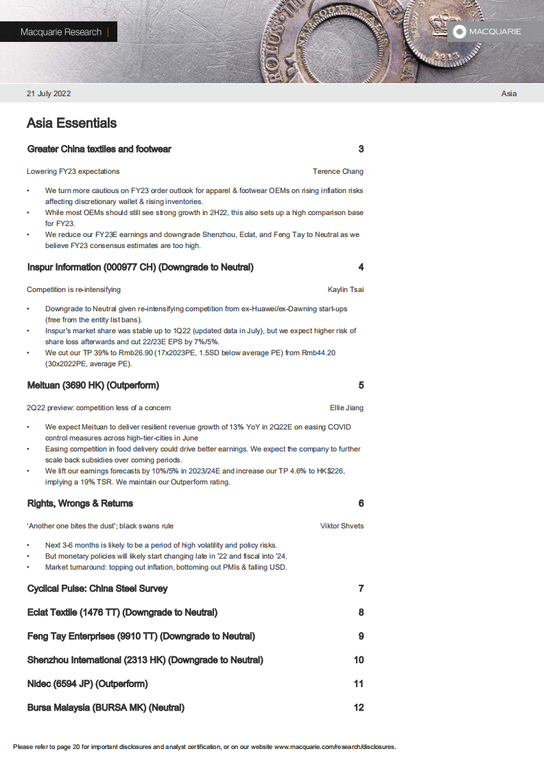 Macquarie：亚洲投资重点-2022年中国纺织品和鞋类市场分析报告（英文版）.pdf 第1页
