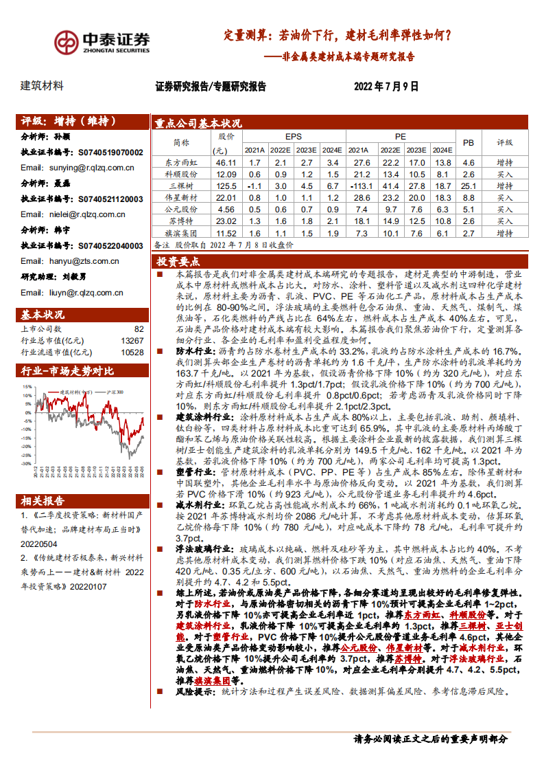 建筑材料行业非金属类建材成本端专题研究报告：定量测算，若油价下行，建材毛利率弹性如何？-220709.pdf 第1页