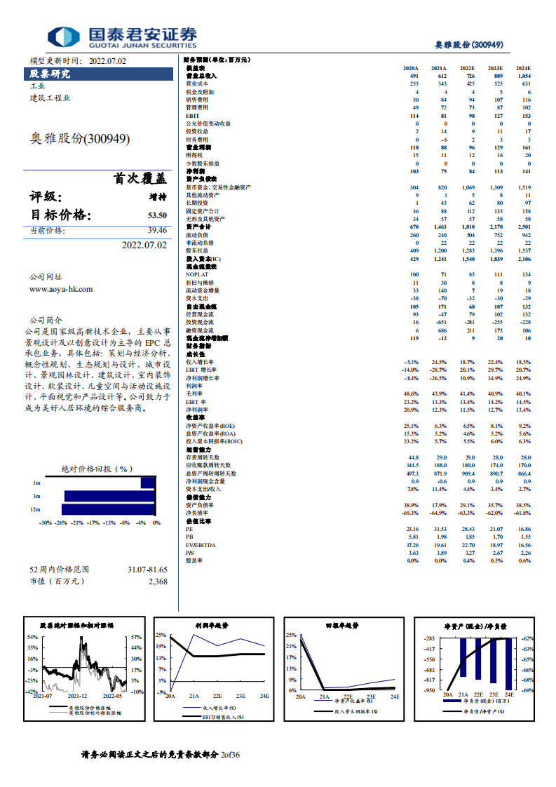 奥雅股份-首次覆盖报告：深耕景观设计实力强，发力文旅业务转型空间大-220702.pdf 第2页
