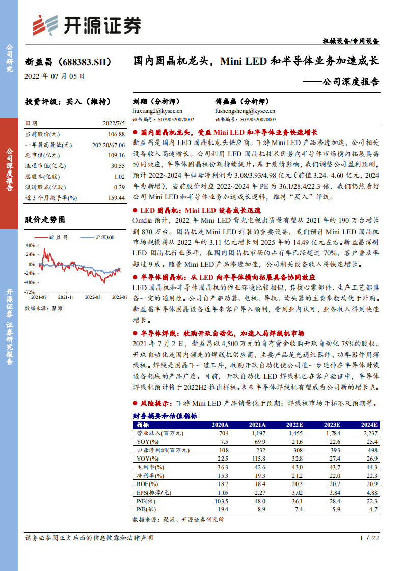 新益昌-公司深度报告：国内固晶机龙头，Mini LED和半导体业务加速成长-220705.pdf 第1页