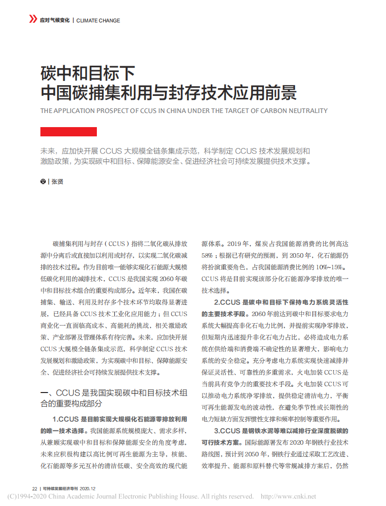 碳中和目标下中国碳捕集利用与封存技术应用前景.pdf 第1页
