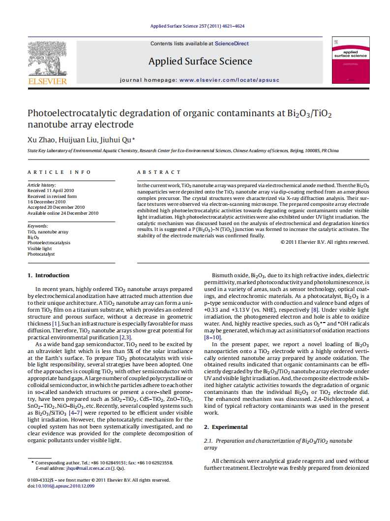 Photoelectrocatalytic degradation of organic contaminants at Bi 2 O 3 TiO 2 nanotube array electrode.pdf 第1页