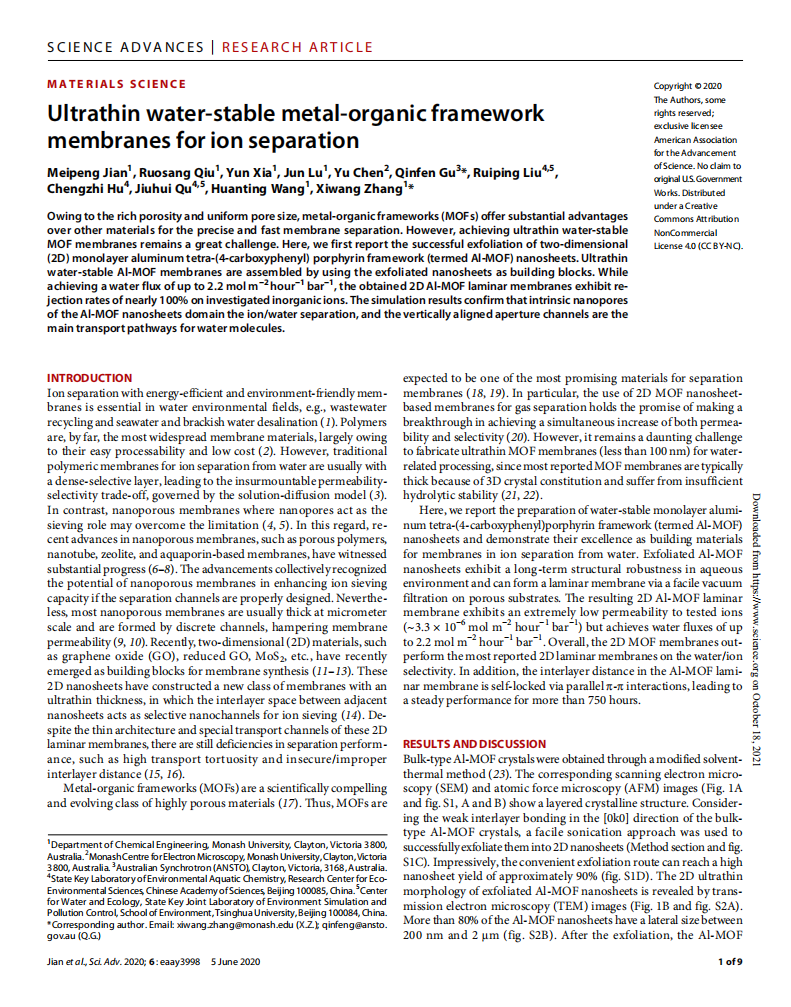 Ultrathin water-stable metal-organic framework membranes for ion separation.pdf 第1页