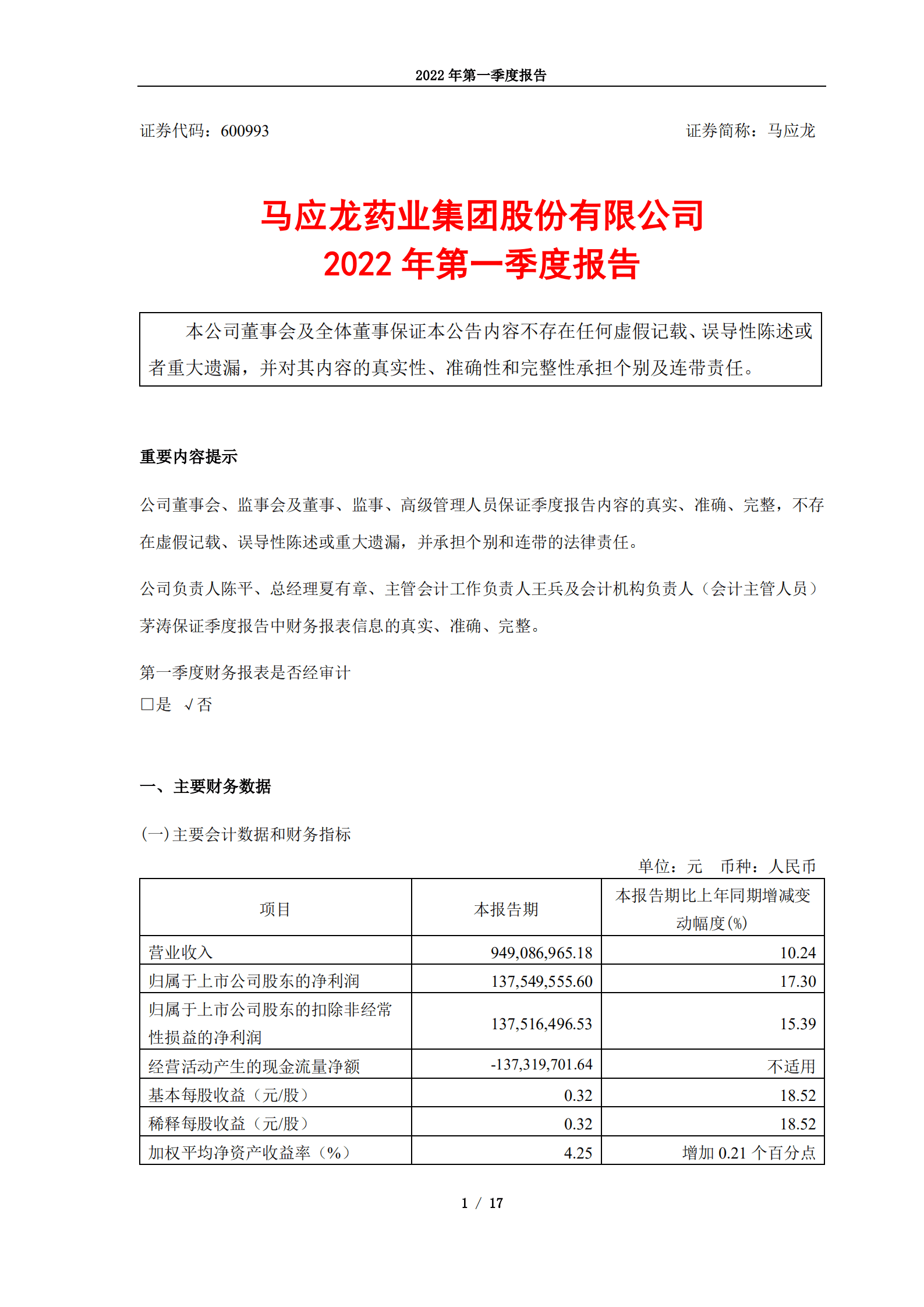 马应龙药业集团股份有限公司2022年第一季度报告.PDF 第1页