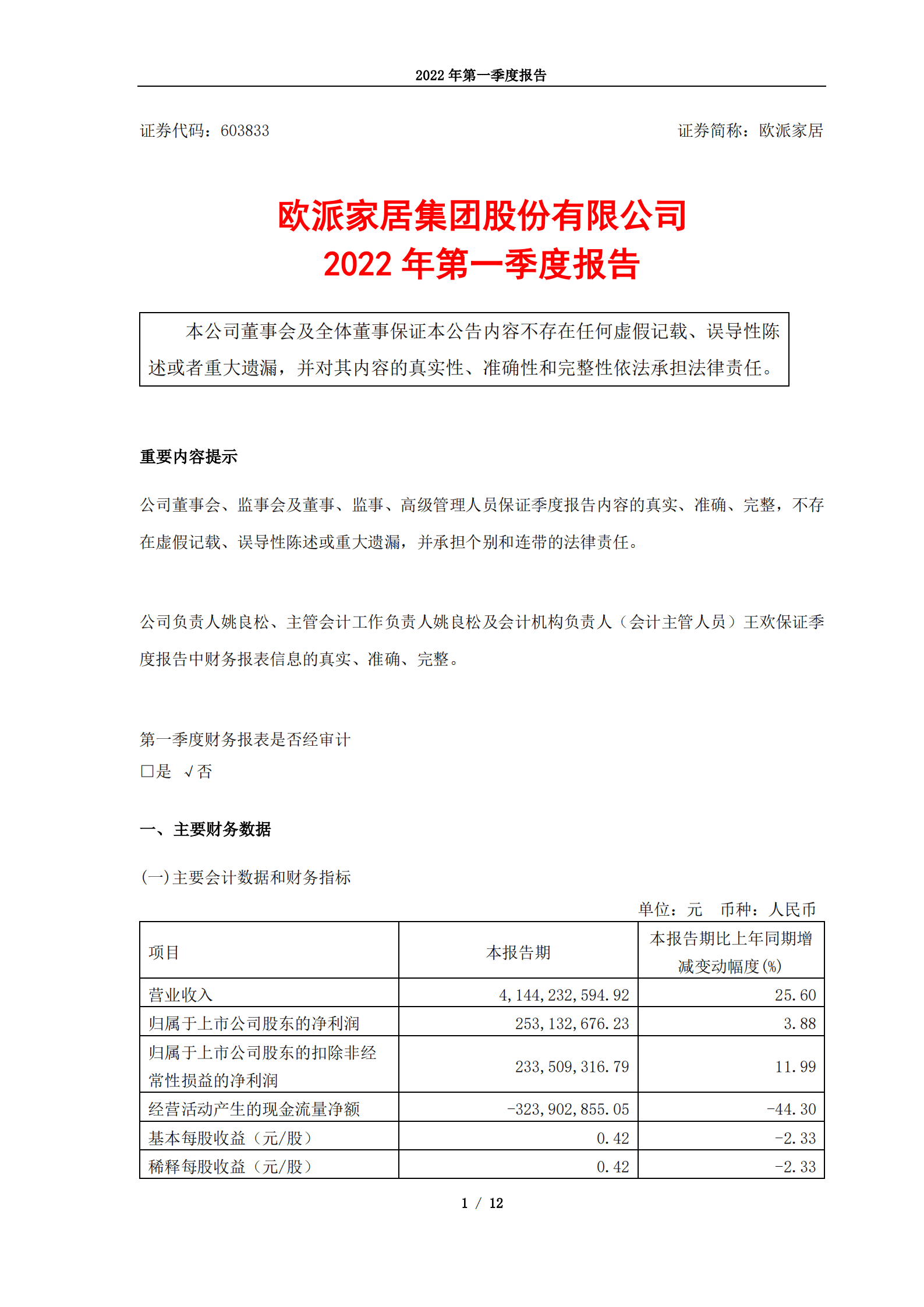 欧派家居集团股份有限公司2022年第一季度报告.PDF 第1页