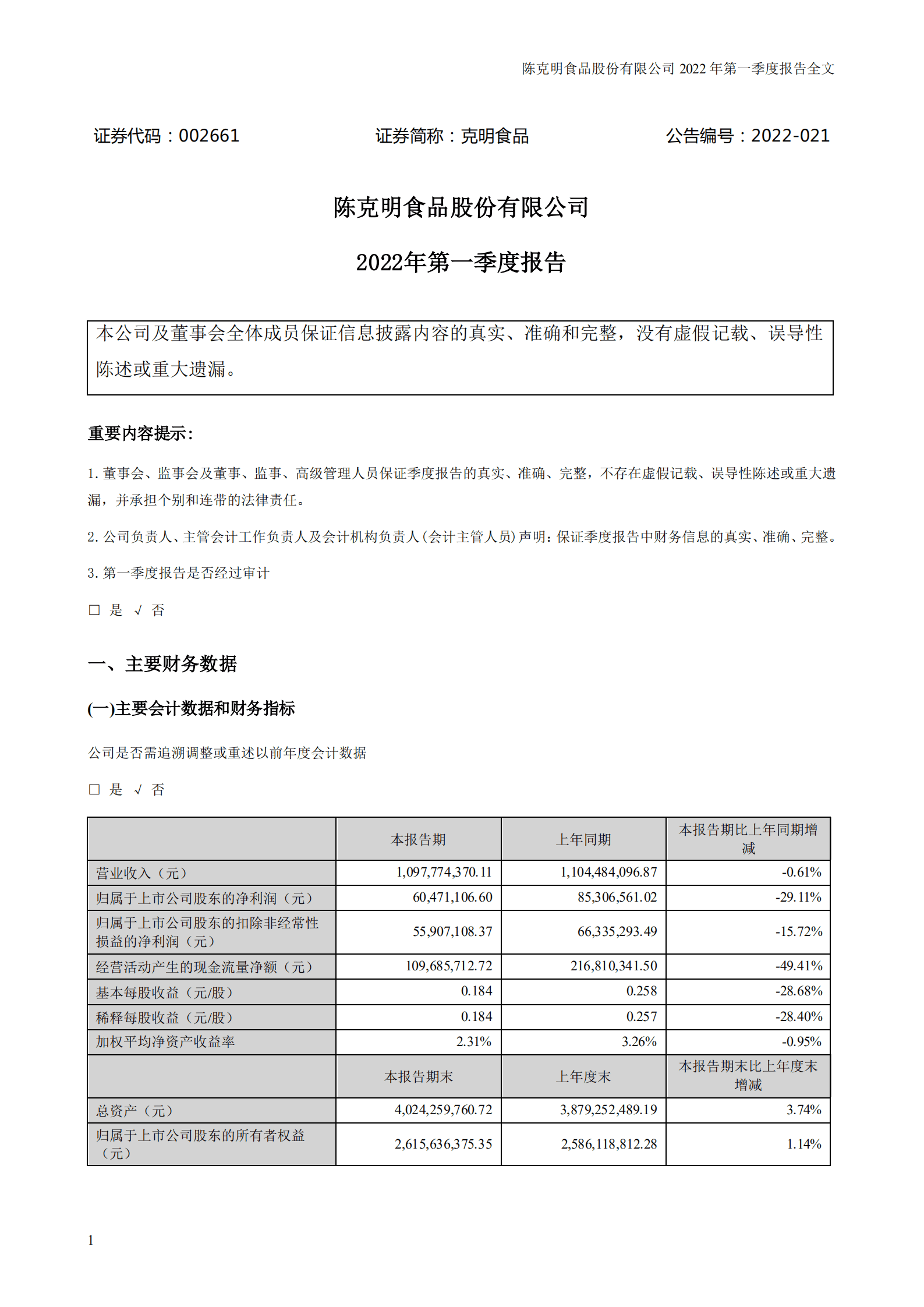 陈克明食品股份有限公司2022年一季度报告.PDF 第1页