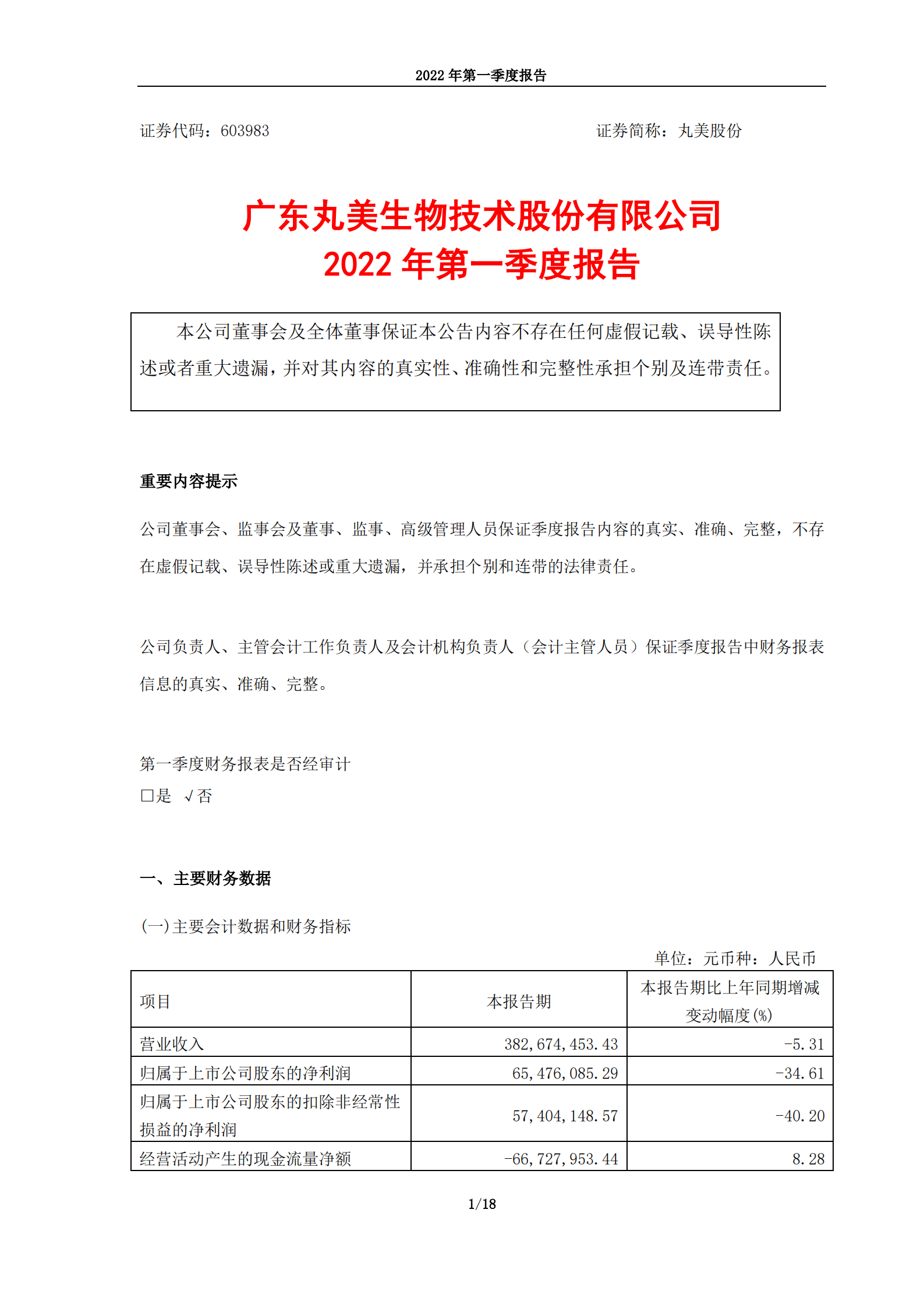 广东丸美生物技术股份有限公司2022年第一季度报告.PDF 第1页